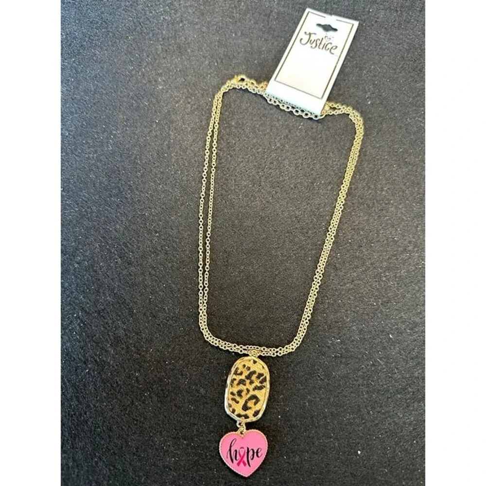 Justice Gold Leopard Print Pink Hope Heart Pendant Necklace NWT New Jewelry